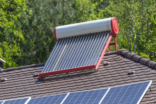 solar powered hot water boiler on rooftop of house